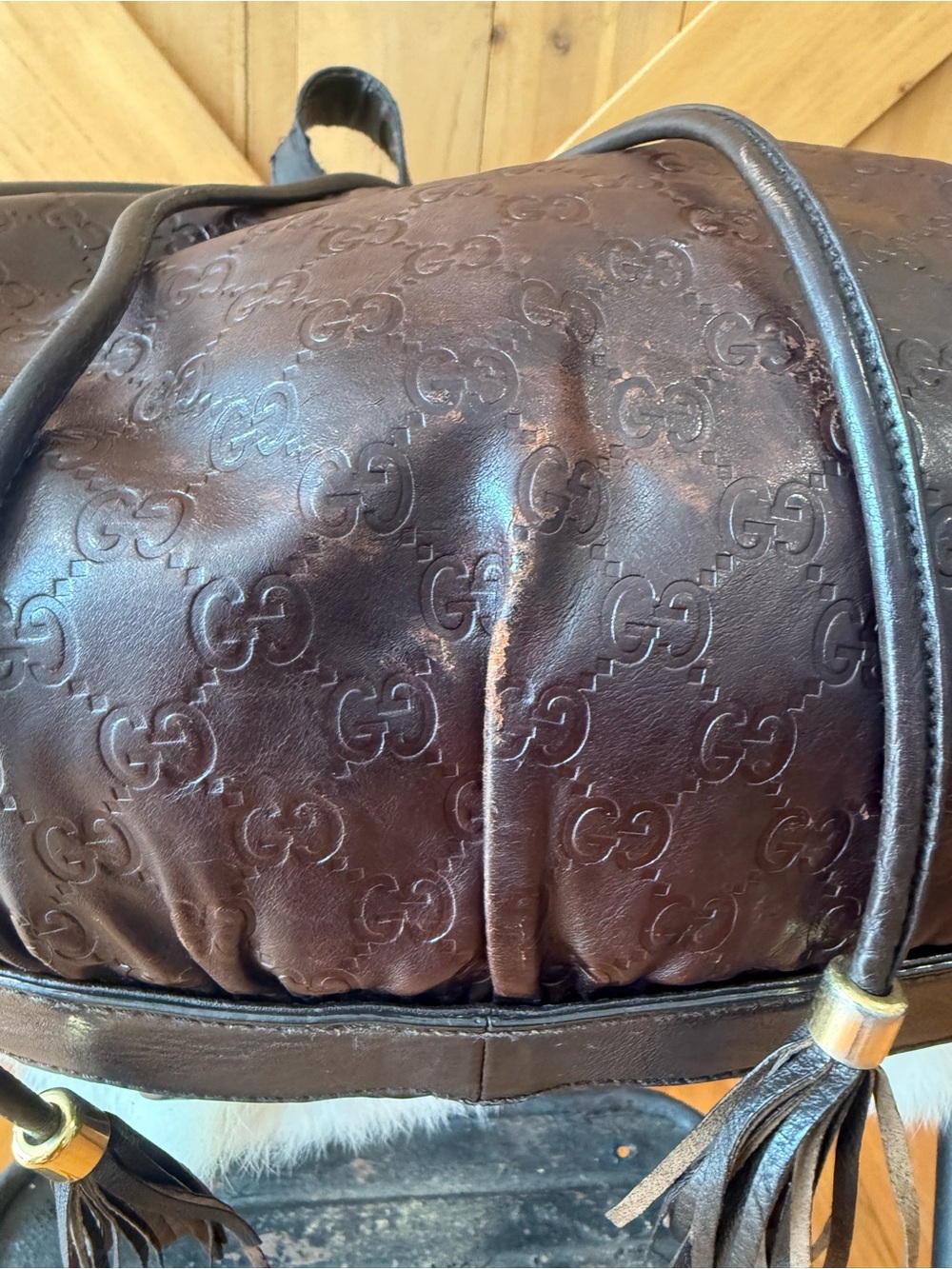 Gucci Dark Brown Embossed Leather Drawstring Hobo Bag - Picture 5 of 10